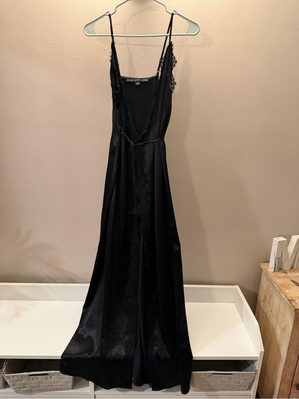 HYFVE Black Satin Lace Trim Maxi Dress V-Neck Spaghetti Strap Tie Waist Small